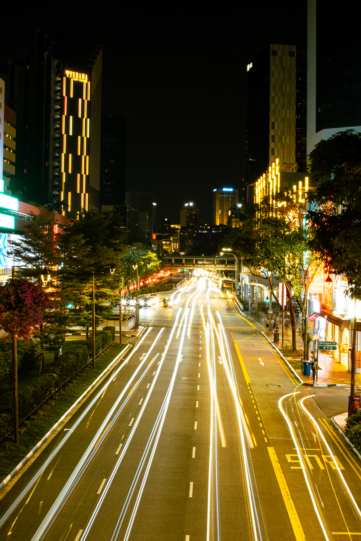 Long exposure shot from a pedestrian foot-overbridge near Chinatown, Singapore