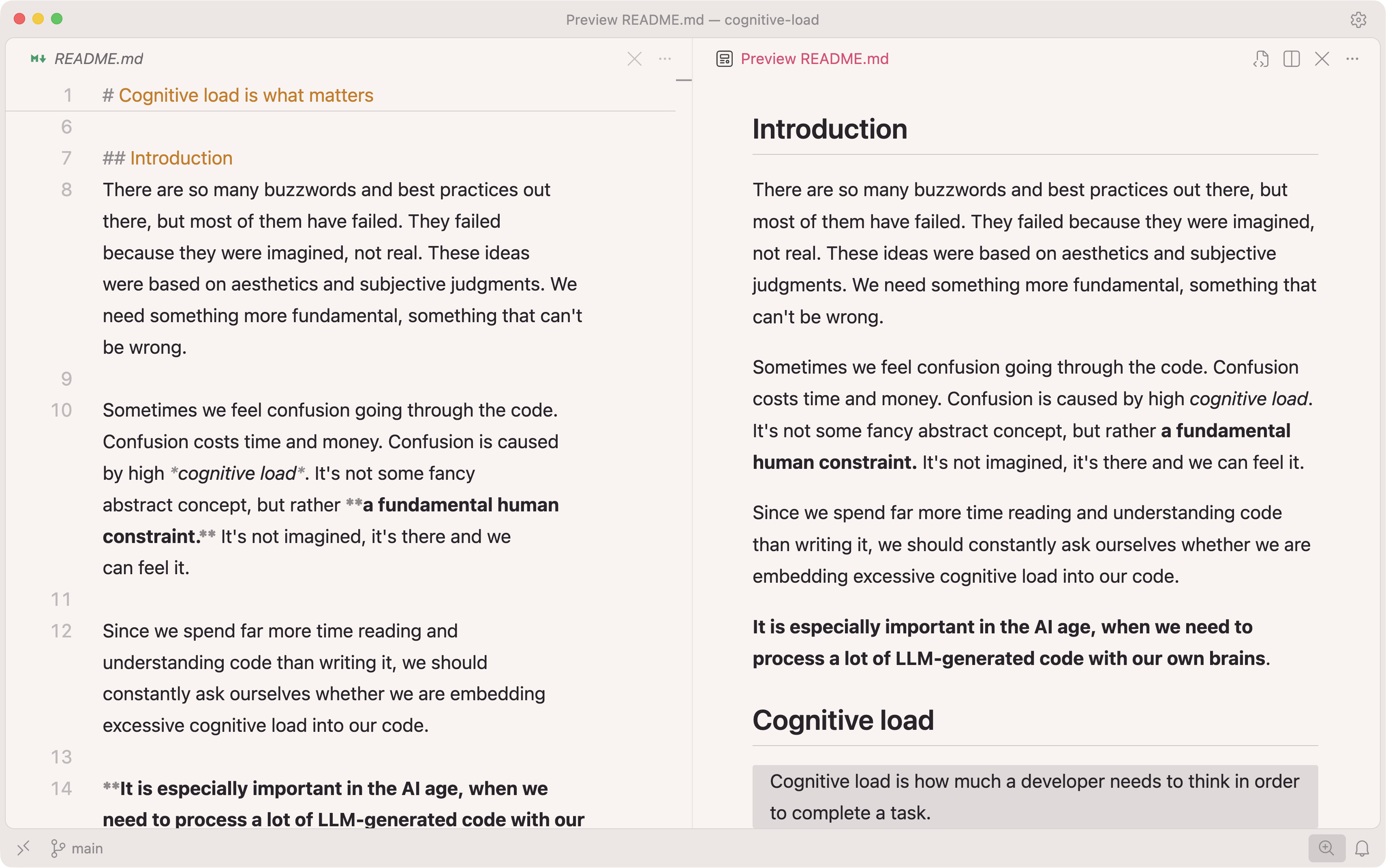 After changing the settings, with Inter and more line spacing in the markdown editor on the left and the preview on the right