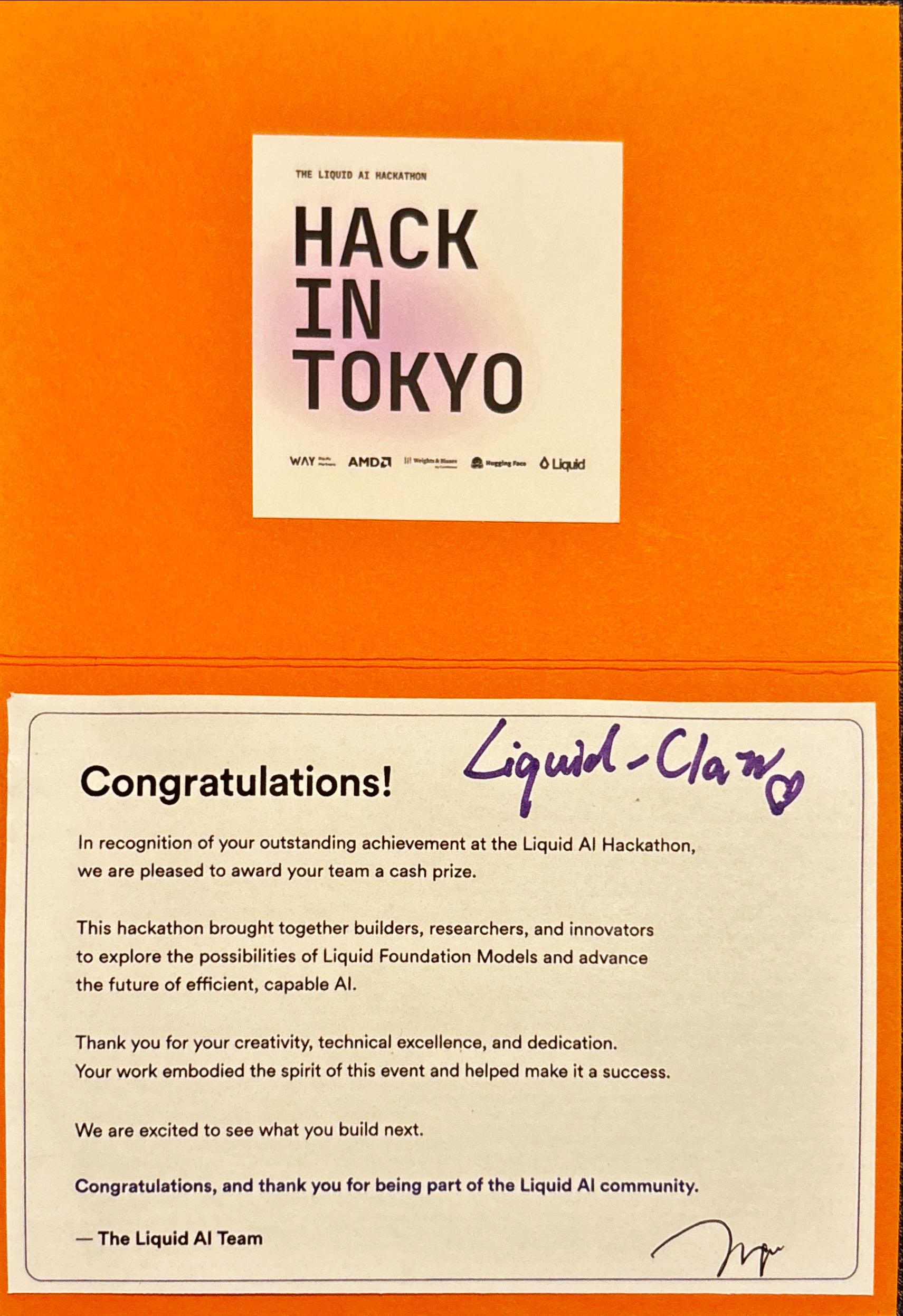 Prize certificate for liquid-claw at the Liquid AI Hackathon